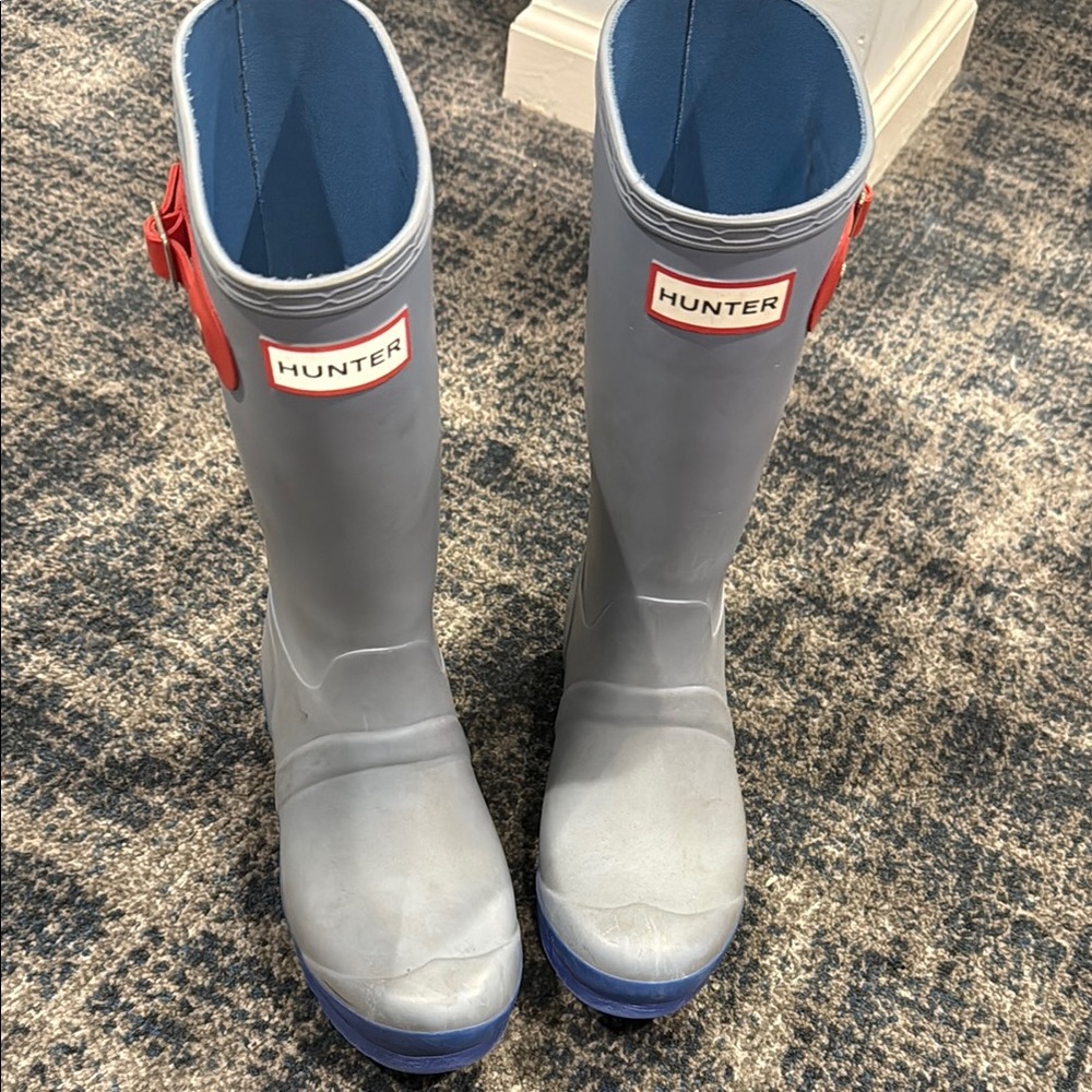 Hunter Gray Boots with Blue and Red Accents